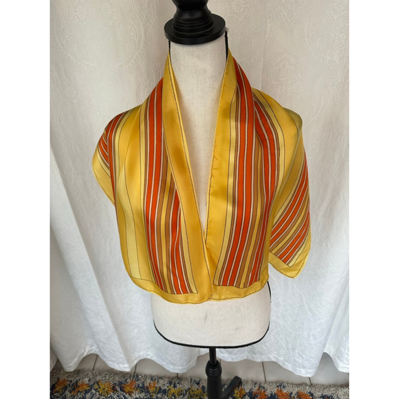 Unbranded Accessories - Vintage 1970s Striped Satin Scarf in Mustard Yellow and Burnt Orange | Retro Mod